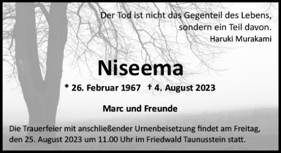 Traueranzeige von Niseema  von Wiesbadener Kurier
