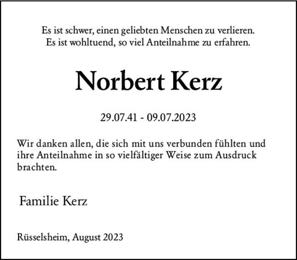  Traueranzeige für Norbert Kerz vom 19.08.2023 aus Rüsselsheimer Echo