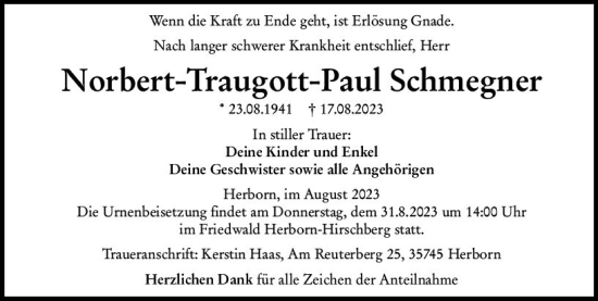 Traueranzeige von Norbert-Traugott-Paul Schmegner von Dill Block
