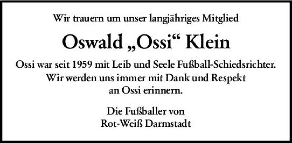 Traueranzeige für Oswald Klein vom 05.08.2023 aus Darmstädter Echo