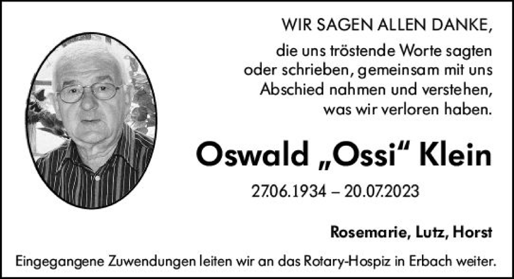  Traueranzeige für Oswald Klein vom 12.08.2023 aus Darmstädter Echo