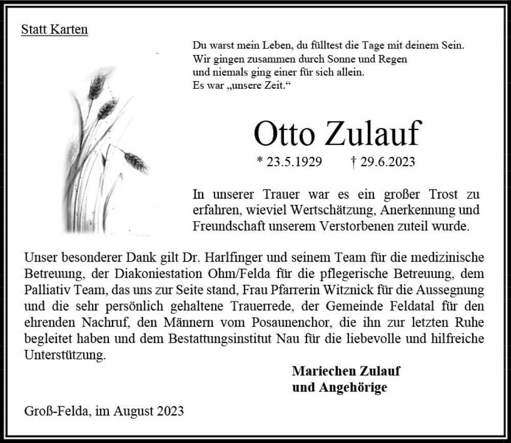  Traueranzeige für Otto Zulauf vom 26.08.2023 aus Oberhessen Kurier