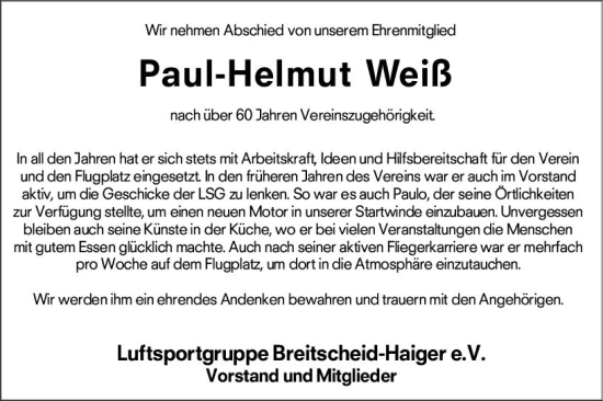 Traueranzeige von Paul-Helmut Weiß von Dill Block