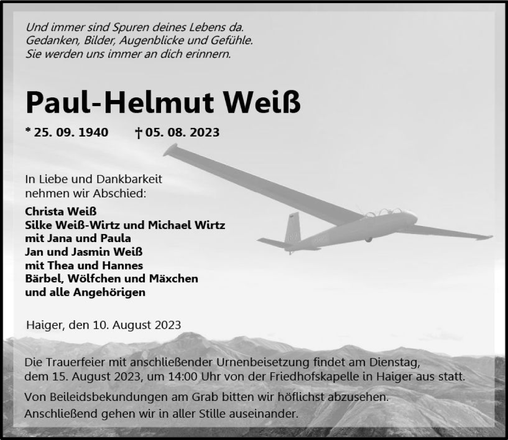  Traueranzeige für Paul-Helmut Weiß vom 10.08.2023 aus Dill Block