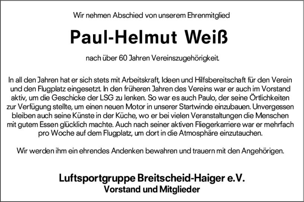  Traueranzeige für Paul-Helmut Weiß vom 12.08.2023 aus Dill Block