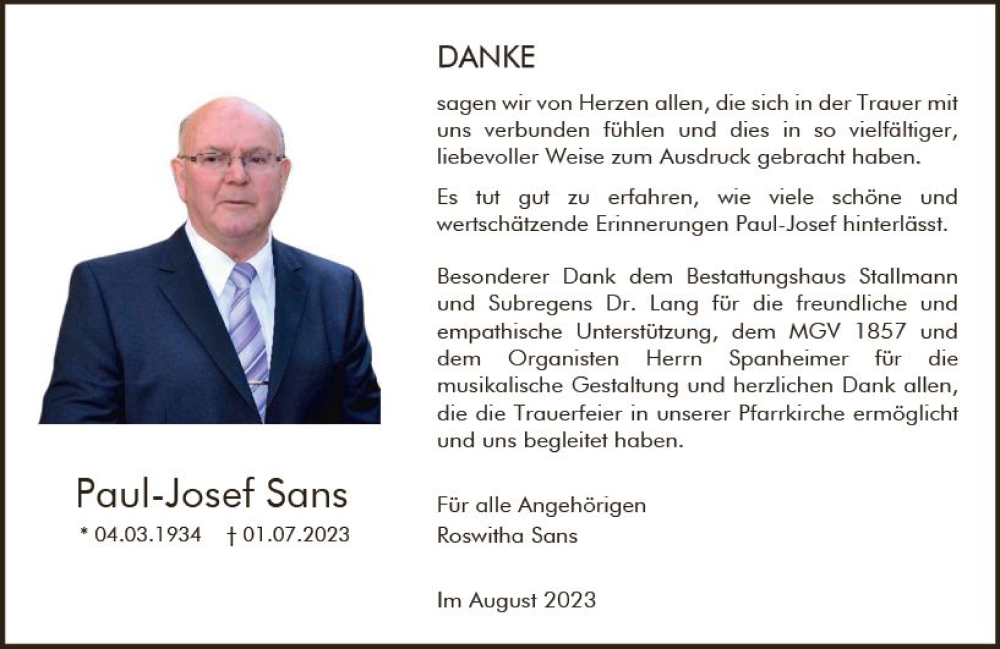  Traueranzeige für Paul-Josef Sans vom 05.08.2023 aus Allgemeine Zeitung Mainz