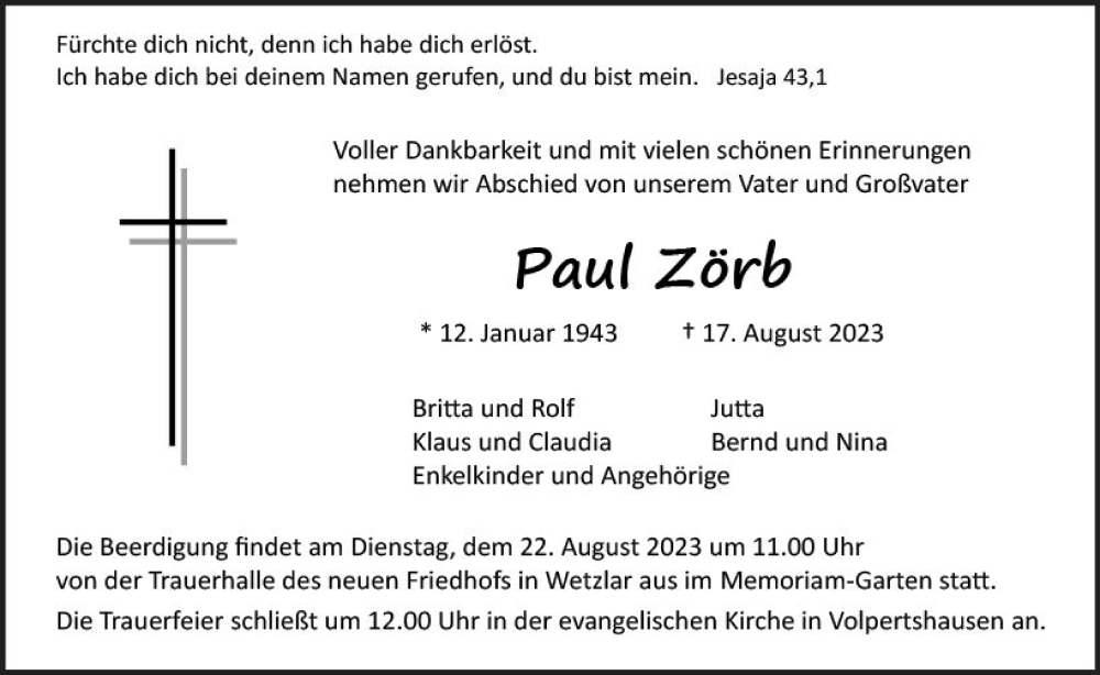  Traueranzeige für Paul Zörb vom 19.08.2023 aus Wetzlarer Neue Zeitung