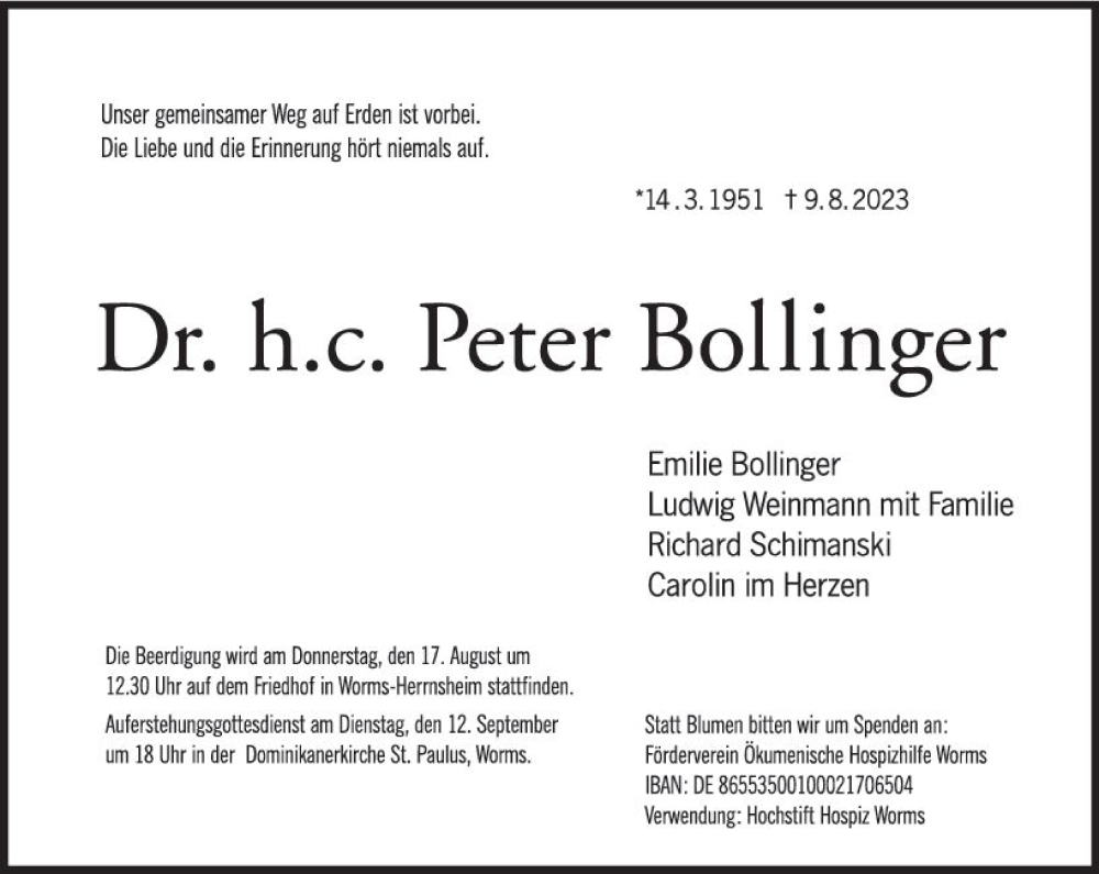 Traueranzeige für Peter Bollinger vom 15.08.2023 aus Wormser Zeitung