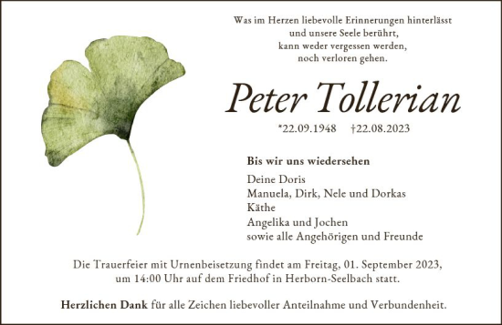Traueranzeige von Peter Tollerian von Dill Block