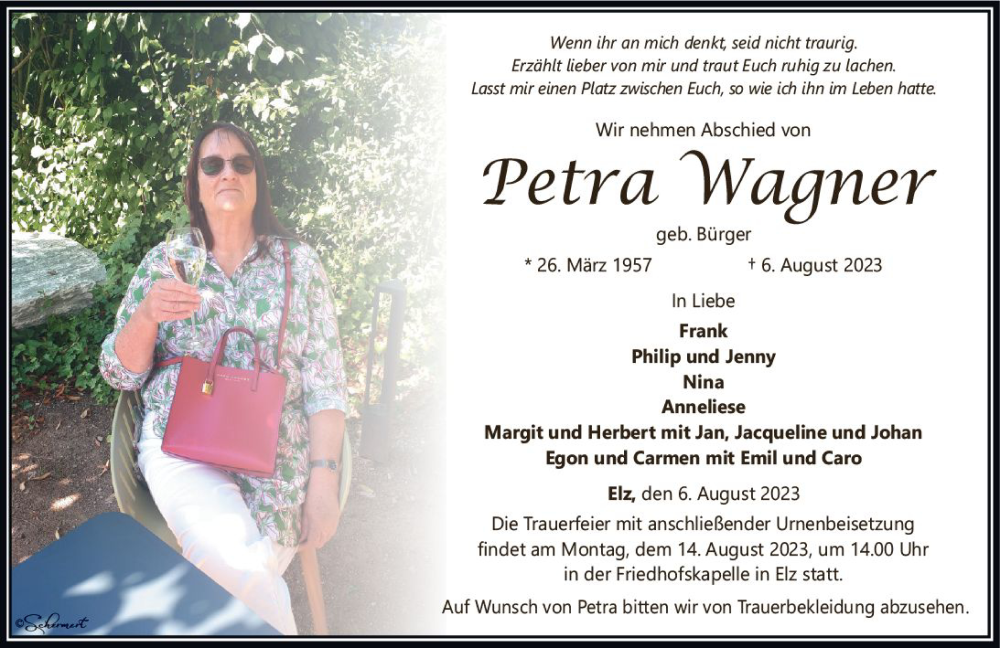  Traueranzeige für Petra Wagner vom 11.08.2023 aus Nassauische Neue Presse