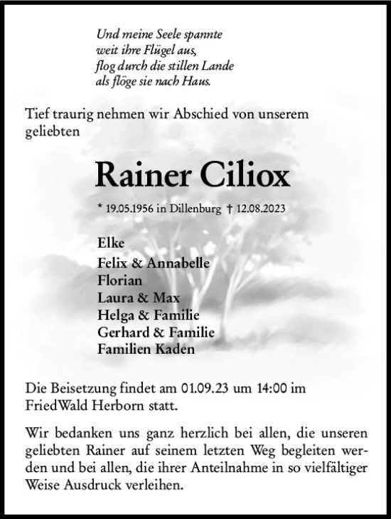 Traueranzeige von Rainer Ciliox von Dill Block