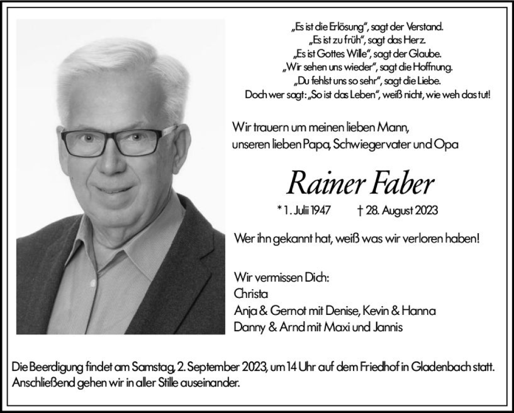 Traueranzeige für Rainer Faber vom 31.08.2023 aus Hinterländer Anzeiger