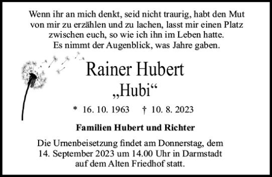 Traueranzeige von Rainer Hubert von Darmstädter Echo
