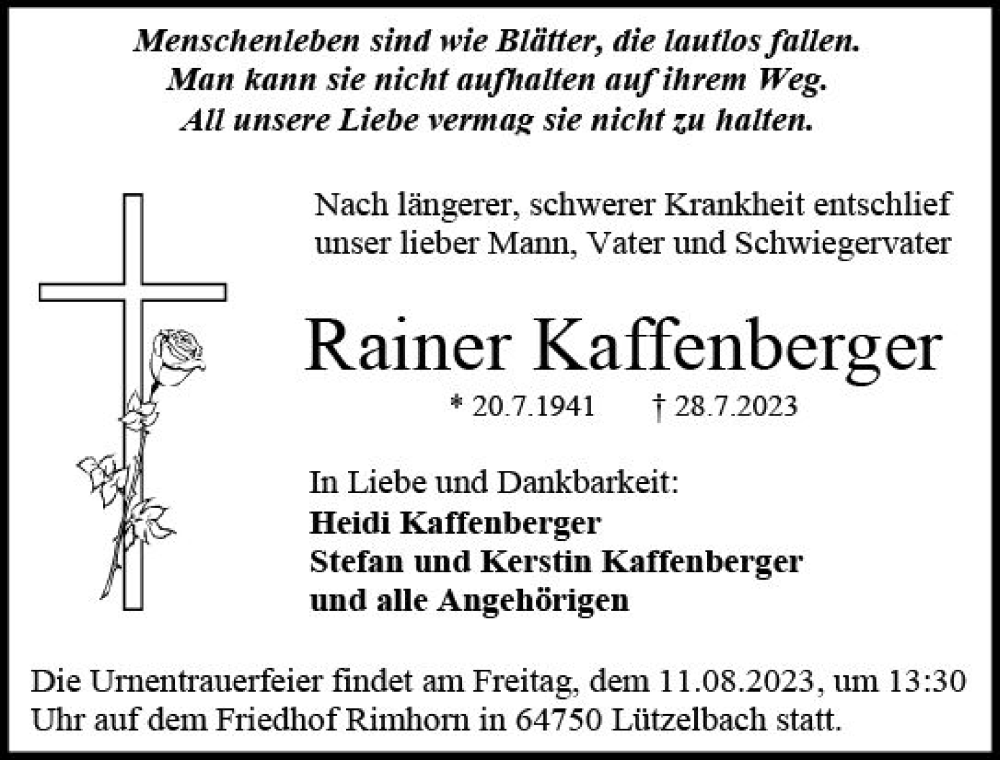  Traueranzeige für Rainer Kaffenberger vom 05.08.2023 aus Darmstädter Echo