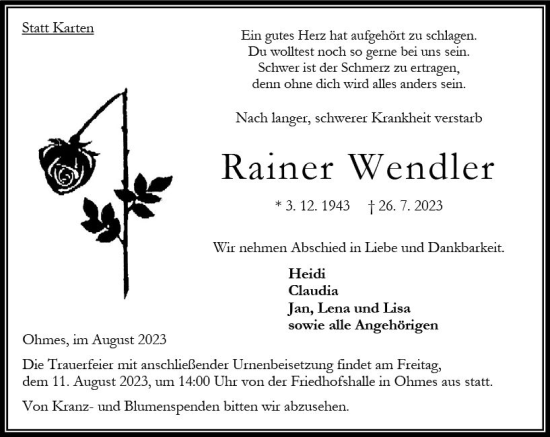 Traueranzeige von Rainer Wendler von VRM Trauer