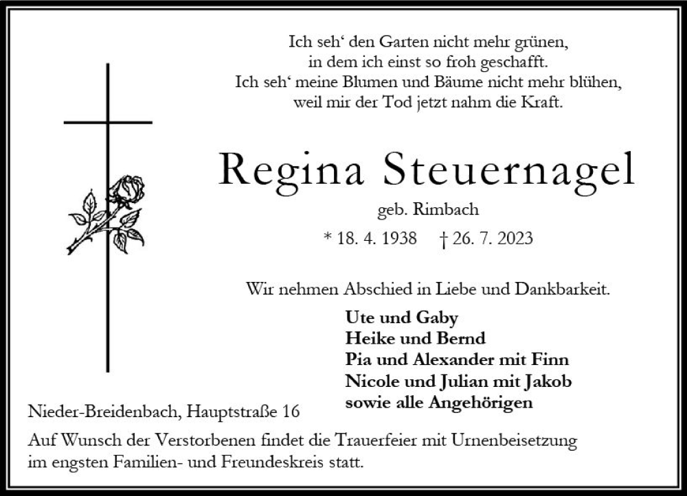  Traueranzeige für Regina Steuernagel vom 05.08.2023 aus VRM Trauer