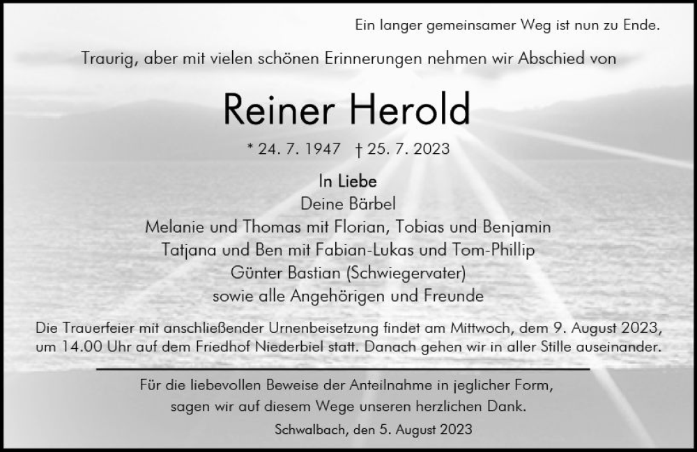  Traueranzeige für Reiner Herold vom 05.08.2023 aus Wetzlarer Neue Zeitung