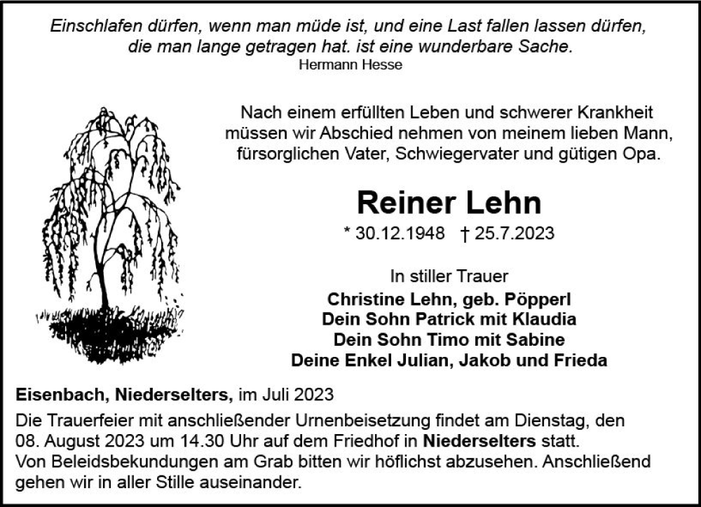  Traueranzeige für Reiner Lehn vom 03.08.2023 aus Camberger Anzeiger