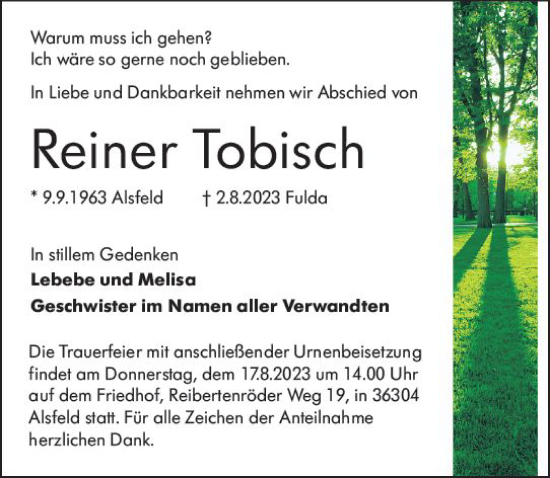 Traueranzeige von Reiner Tobisch von VRM Trauer
