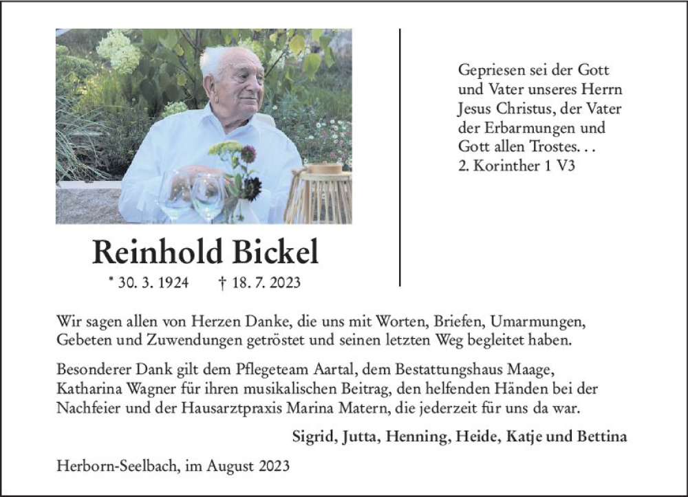  Traueranzeige für Reinhold Bickel vom 19.08.2023 aus Dill Block