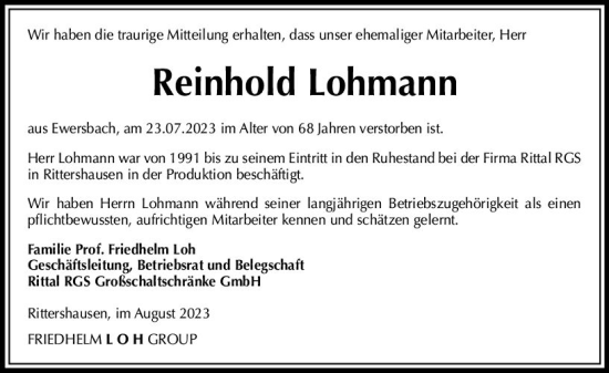 Traueranzeige von Reinhold Lohmann von Dill Block
