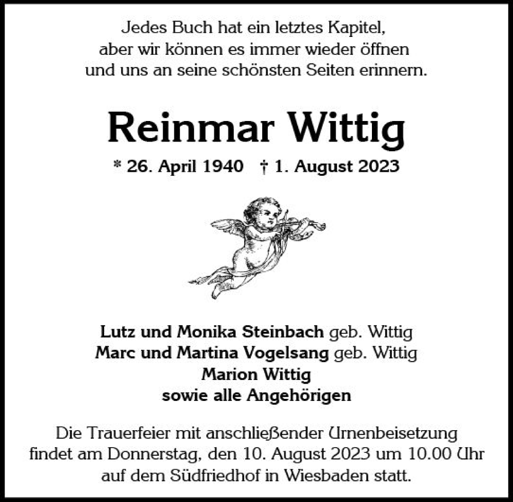  Traueranzeige für Reinmar Wittig vom 05.08.2023 aus Wiesbadener Kurier