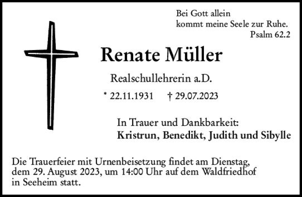  Traueranzeige für Renate Müller vom 19.08.2023 aus Darmstädter Echo