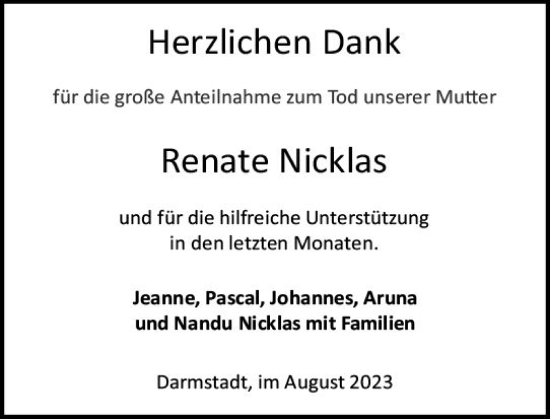 Traueranzeige von Renate Nicklas von Darmstädter Echo