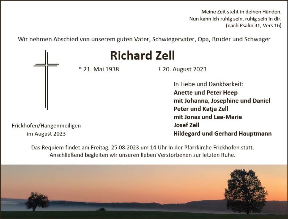  Traueranzeige für Richard Zell vom 23.08.2023 aus Nassauische Neue Presse