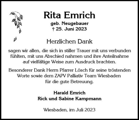 Traueranzeige von Rita Emrich von Wiesbadener Kurier