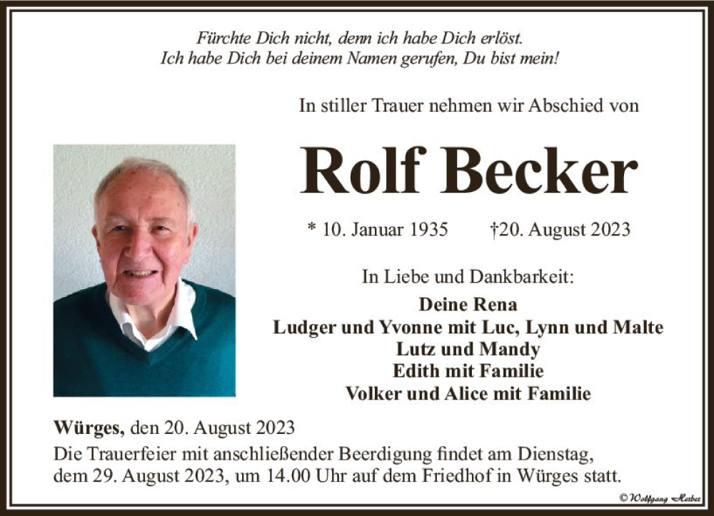  Traueranzeige für Rolf Becker vom 24.08.2023 aus Camberger Anzeiger