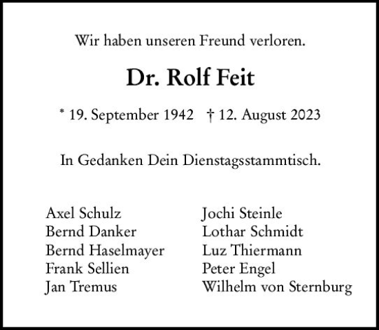 Traueranzeige von Rolf Feit von Wiesbadener Kurier