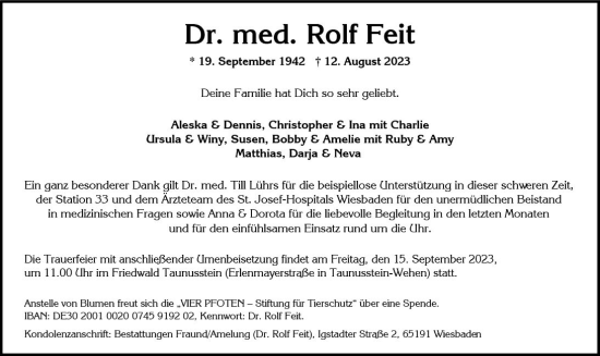 Traueranzeige von Rolf Feit von Wiesbadener Kurier