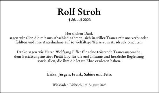 Traueranzeige von Rolf Stroh von Wiesbadener Kurier