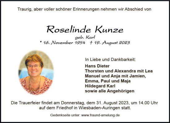 Traueranzeige von Roselinde Kunze von Wiesbadener Kurier