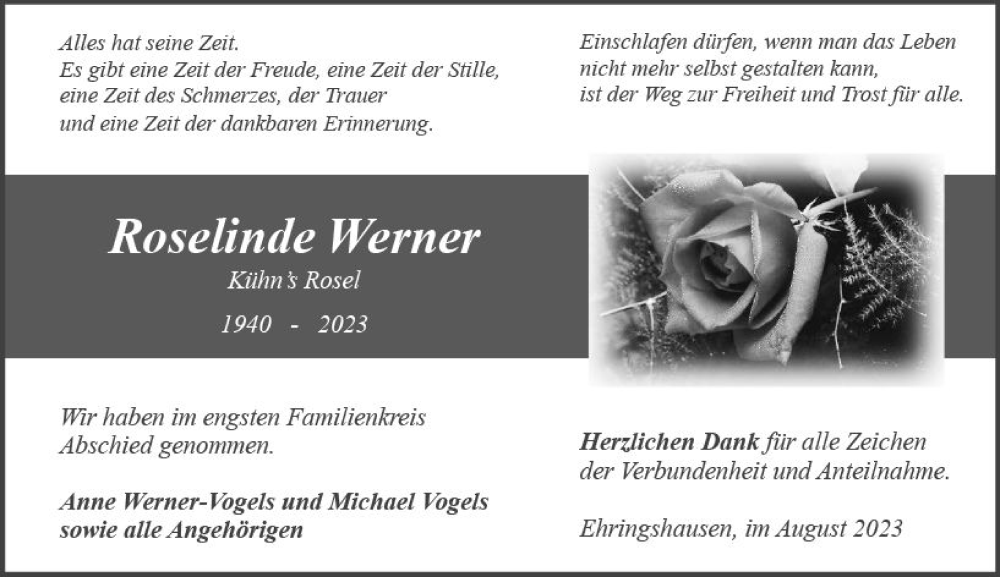  Traueranzeige für Roselinde Werner vom 12.08.2023 aus Wetzlarer Neue Zeitung