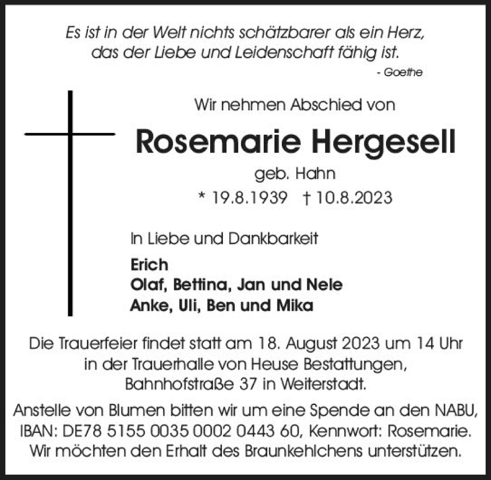  Traueranzeige für Rosemarie Hergesell vom 16.08.2023 aus Darmstädter Echo