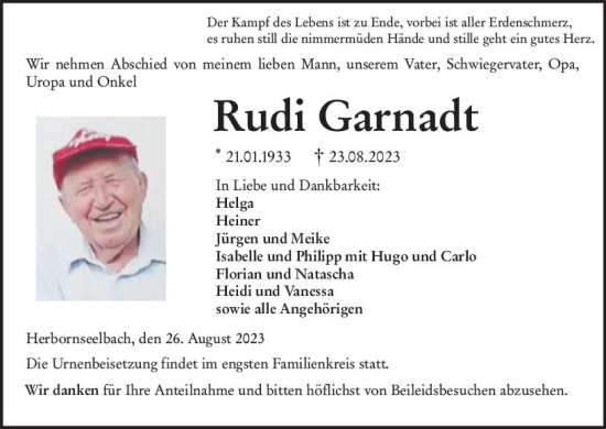 Traueranzeige von Rudi Garnadt von Dill Block