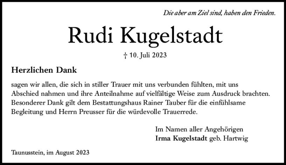  Traueranzeige für Rudi Kugelstadt vom 12.08.2023 aus Wiesbadener Kurier