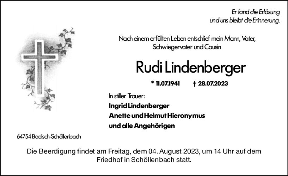  Traueranzeige für Rudi Lindenberger vom 02.08.2023 aus Odenwälder Echo