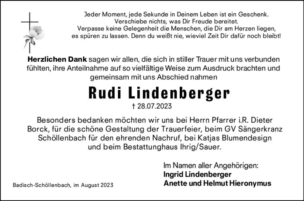  Traueranzeige für Rudi Lindenberger vom 30.08.2023 aus Odenwälder Echo
