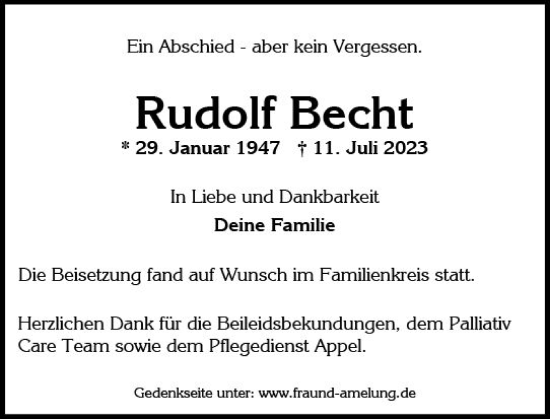Traueranzeige von Rudolf Becht von Wiesbadener Kurier