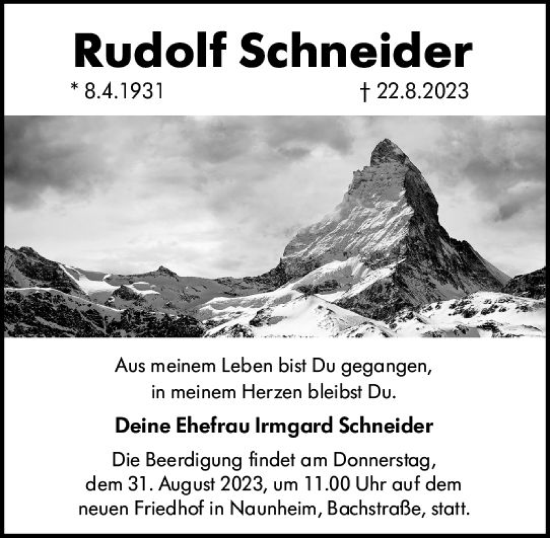 Traueranzeige von Rudolf Schneider von Wetzlarer Neue Zeitung