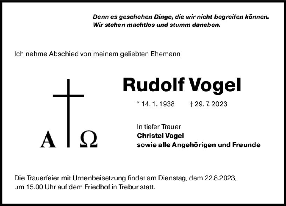  Traueranzeige für Rudolf Vogel vom 15.08.2023 aus Rüsselsheimer Echo