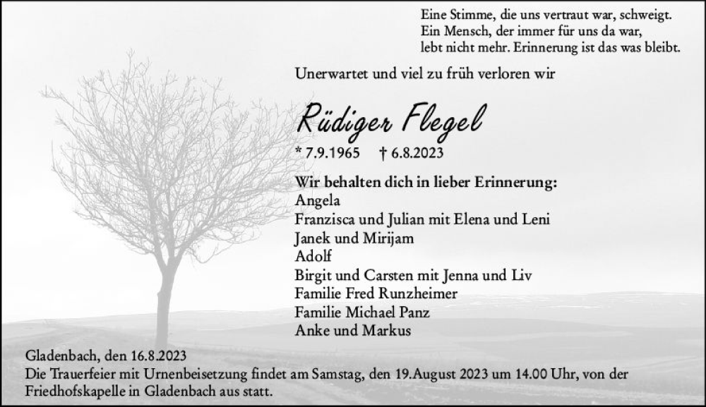  Traueranzeige für Rüdiger Flegel vom 16.08.2023 aus Hinterländer Anzeiger