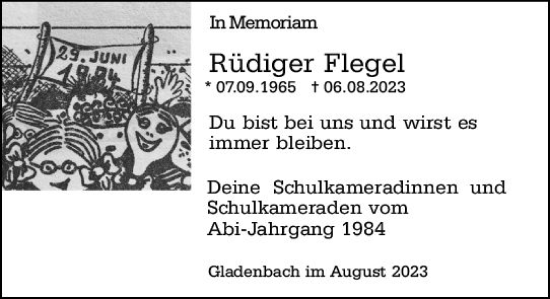 Traueranzeige von Rüdiger Flegel von Hinterländer Anzeiger