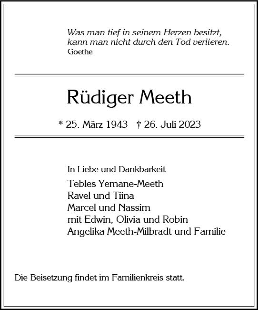  Traueranzeige für Rüdiger Meeth vom 05.08.2023 aus Wiesbadener Kurier
