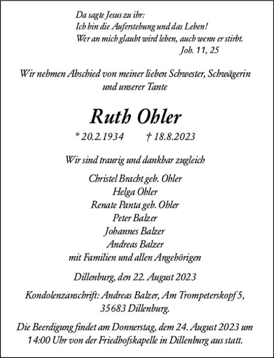 Traueranzeige von Ruth Ohler von Dill Block