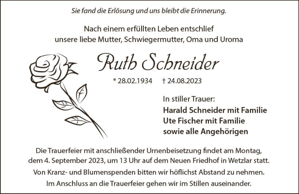  Traueranzeige für Ruth Schneider vom 31.08.2023 aus Wetzlarer Neue Zeitung