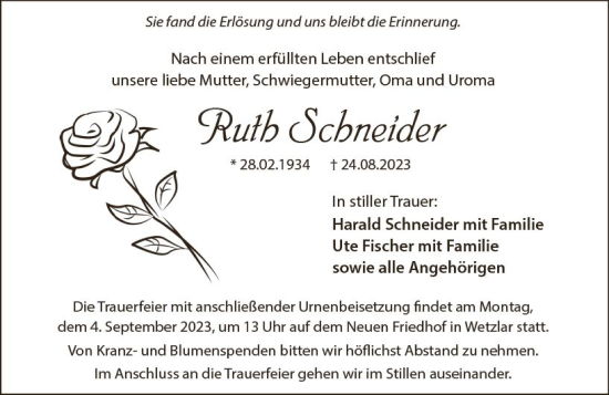 Traueranzeige von Ruth Schneider von Wetzlarer Neue Zeitung